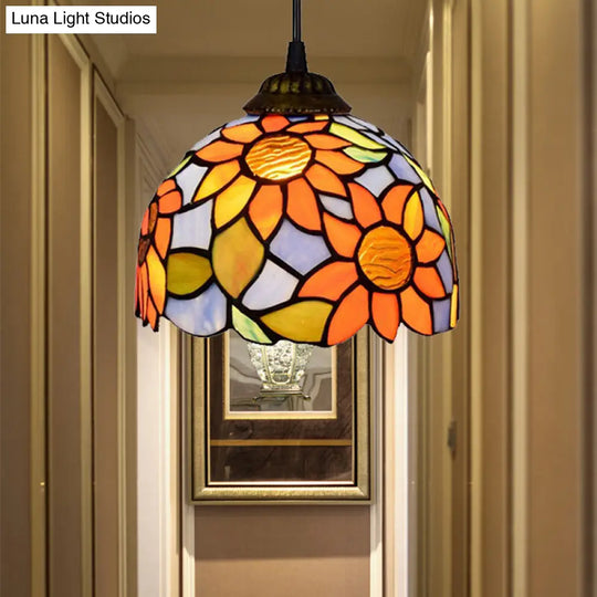 Tiffany-Style Domed Stained Glass Pendant Light - Orange-Blue Ceiling Hanging Lamp