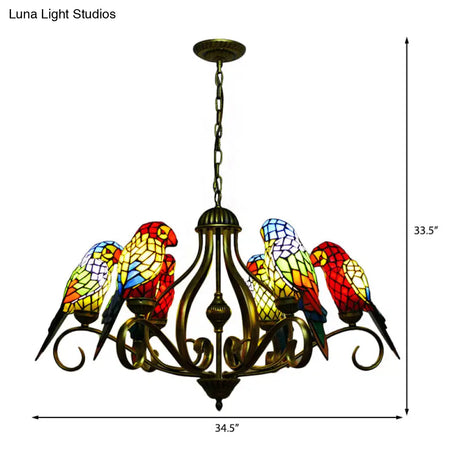 Tiffany-Style Parrot Stained Glass Chandelier In Antique Brass - Ideal For Dining Rooms