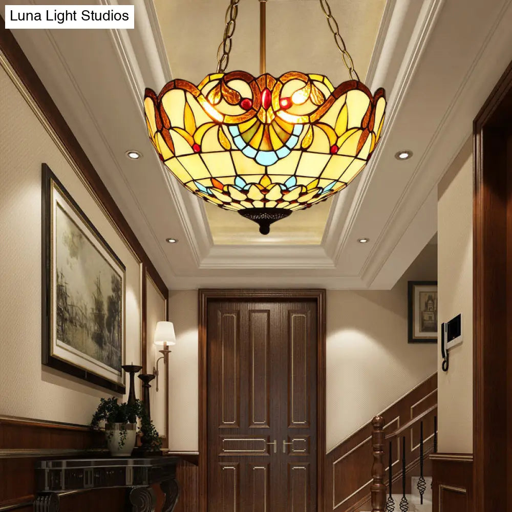 Tiffany-Style Pendant Light With Stained Art Glass Bowl Shade For Ceiling Suspension