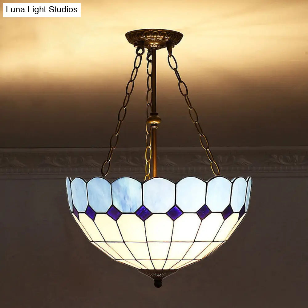 Tiffany-Style Stained Glass Pendant Ceiling Light - Bowl Shade Suspension Lighting Blue