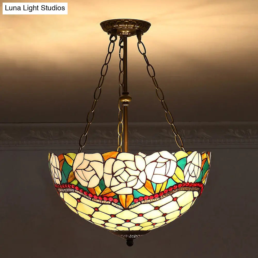 Tiffany-Style Stained Glass Pendant Ceiling Light - Bowl Shade Suspension Lighting Apricot