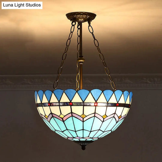 Tiffany-Style Stained Glass Pendant Ceiling Light - Bowl Shade Suspension Lighting Sky Blue