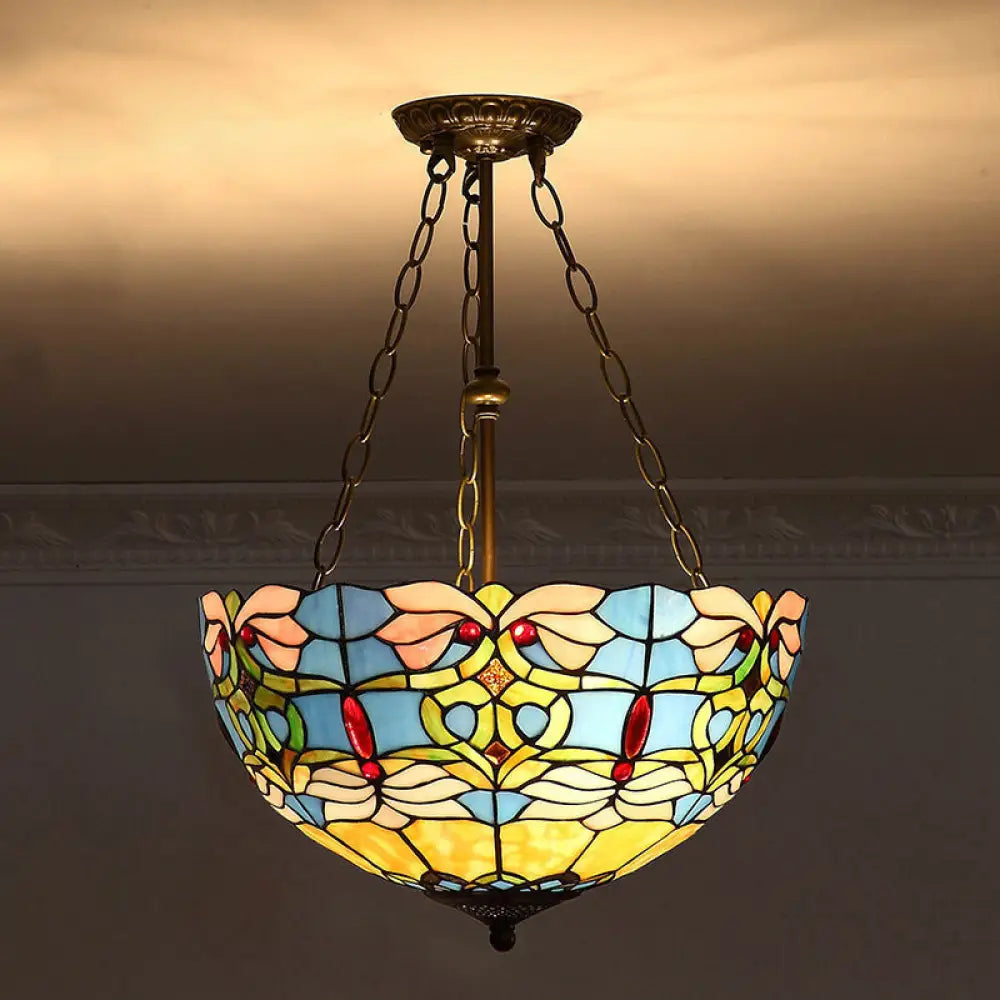 Tiffany-Style Pendant Light With Stained Art Glass Bowl Shade For Ceiling Suspension Blue