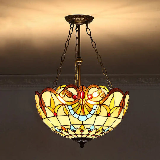Tiffany-Style Pendant Light With Stained Art Glass Bowl Shade For Ceiling Suspension Khaki