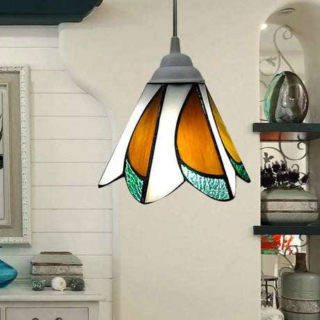 Tiffany-Style Pendulum Light: Handcrafted Art Glass Suspension Lamp In Blue/Green For Foyer Green
