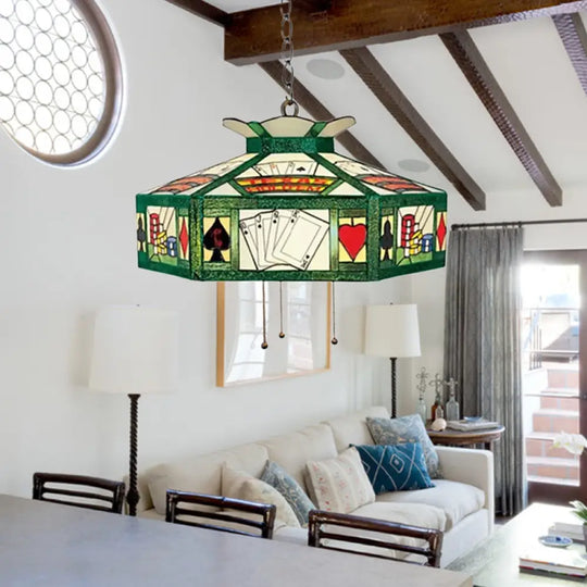 Tiffany-Style Poker Hanging Lamp - Handcrafted Art Glass Pendant Light Fixture (3 Bulbs)
