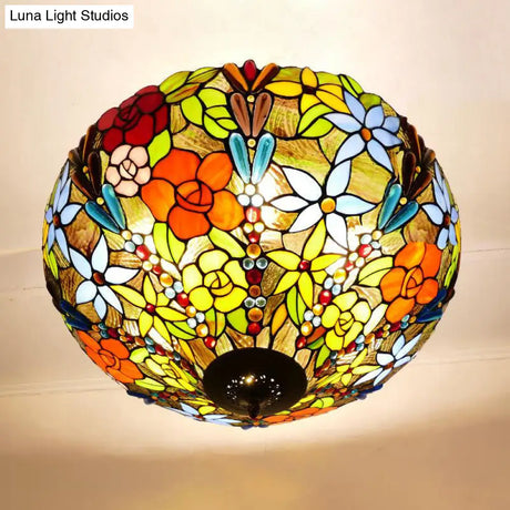 Tiffany Style Rustic Glass Pendant Light With Multi-Colored Flower Pattern For Dining Room Ceiling