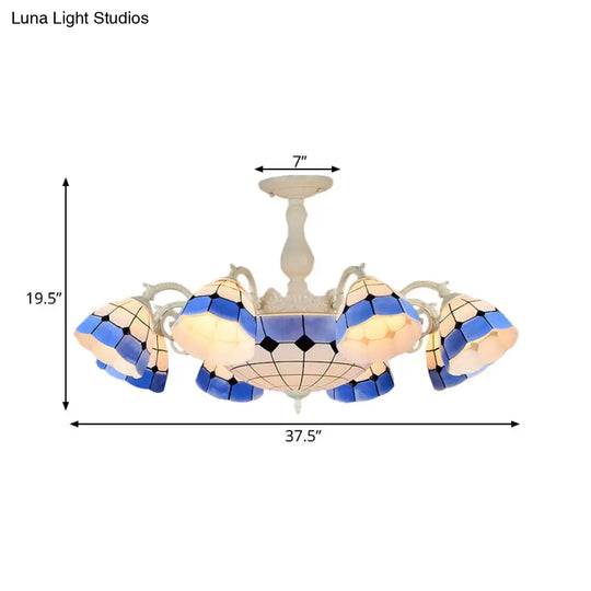 Tiffany-Style Semi Flush Ceiling Lamp: Grid Patterned Blue Cut Glass - Ideal For Living Room Décor