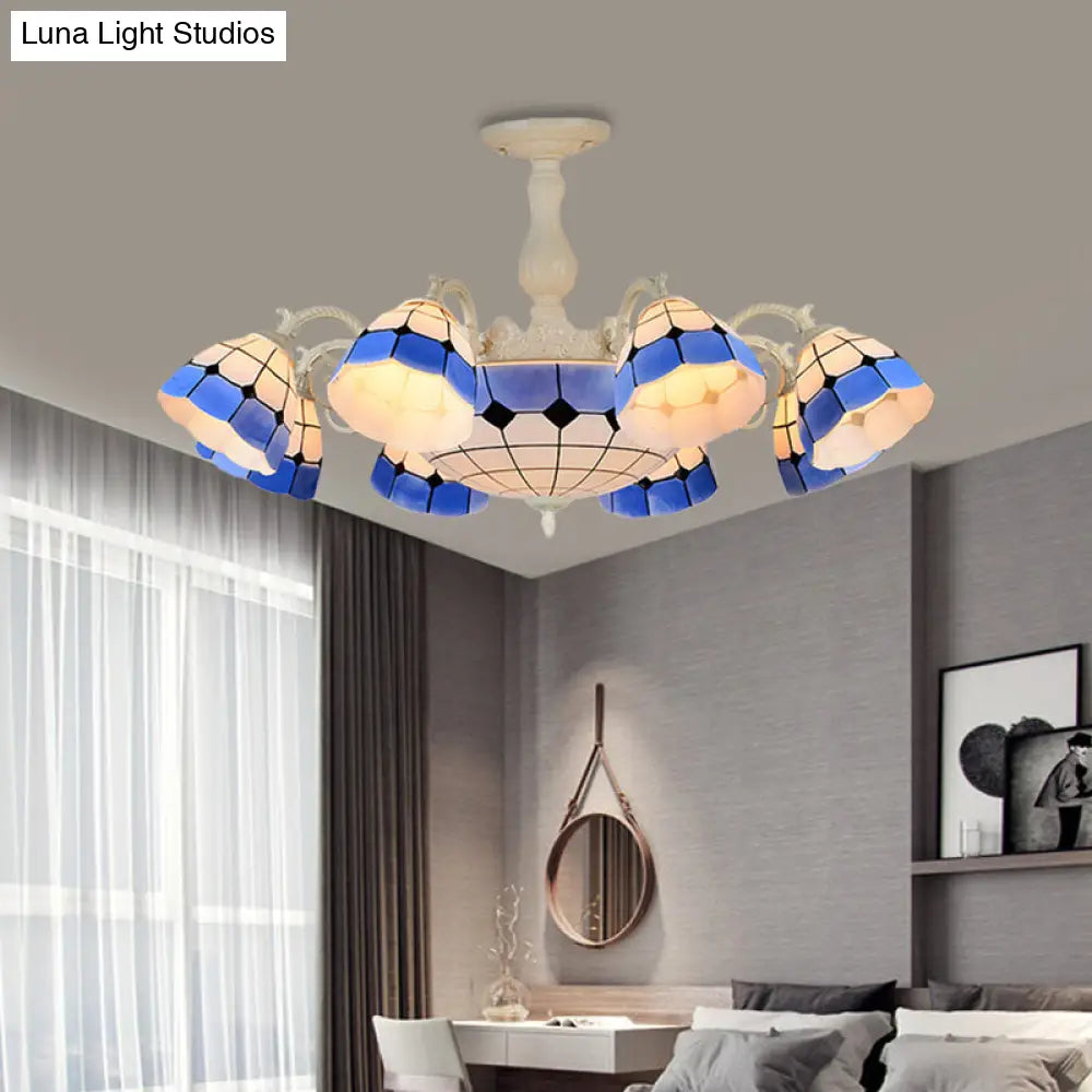 Tiffany-Style Semi Flush Ceiling Lamp: Grid Patterned Blue Cut Glass - Ideal For Living Room Décor