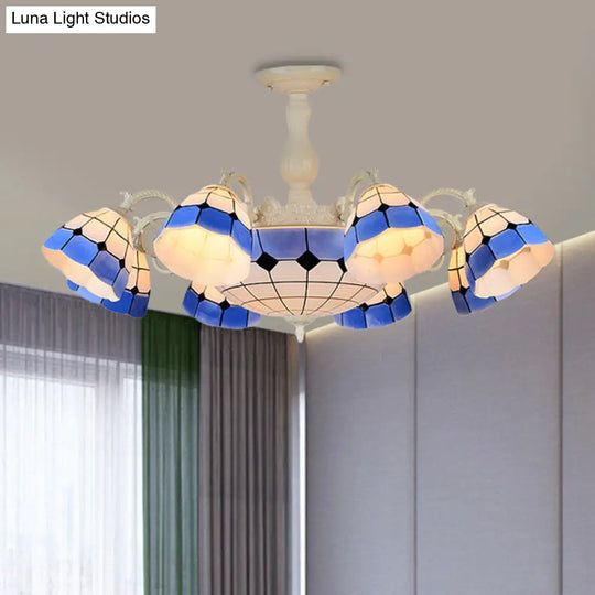 Tiffany - Style Semi Flush Ceiling Lamp: Grid Patterned Blue Cut Glass - Ideal For Living Room