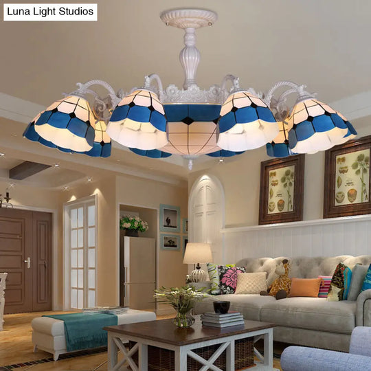 Tiffany-Style Semi Flush Ceiling Lamp: Grid Patterned Blue Cut Glass - Ideal For Living Room Décor