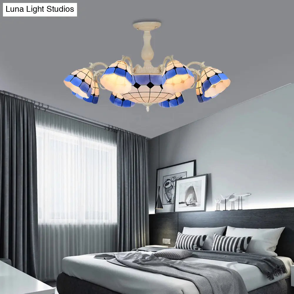 Tiffany - Style Semi Flush Ceiling Lamp: Grid Patterned Blue Cut Glass - Ideal For Living Room