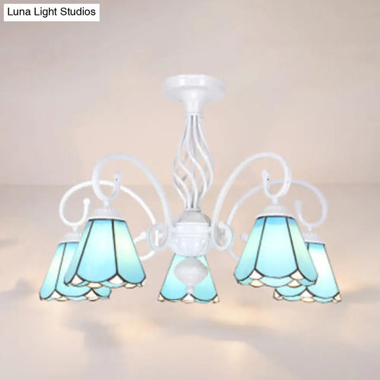 Tiffany Style Semi Flush Mount Light: 3/5-Light White/Blue/Sky Blue Shade For Living Room 5 / Sky