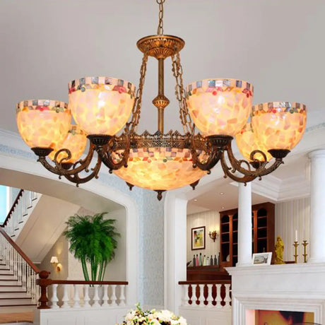 Tiffany-Style Shell Domed Ceiling Chandelier With Adjustable Beige Suspension - 5/9/11 Lights For