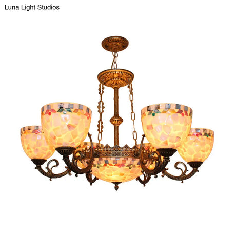 Tiffany-Style Shell Domed Ceiling Chandelier With Adjustable Beige Suspension - 5/9/11 Lights For