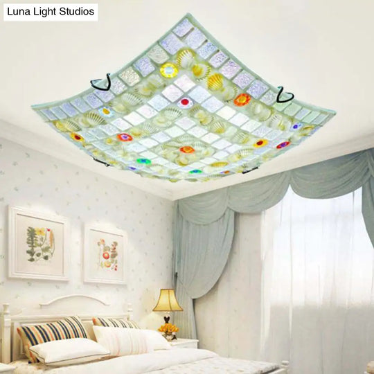 Tiffany Style Square Shell Flush Mount Ceiling Light With 3 Lights White - Ideal For Kitchen