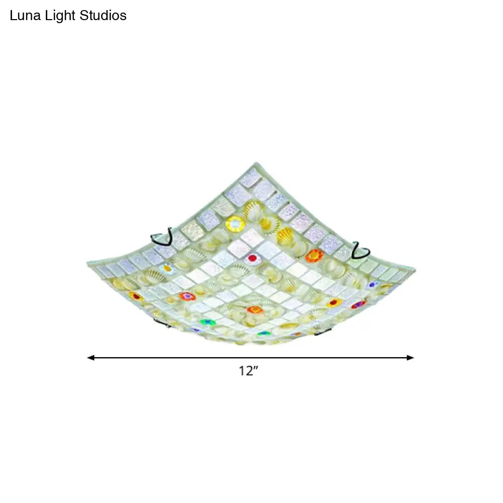Tiffany Style Square Shell Flush Mount Ceiling Light With 3 Lights White - Ideal For Kitchen