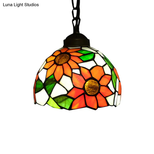 Tiffany-Style Stained Art Glass Pendant Lamp - Red/Orange/Orange-Green 1 Bulb Ceiling Hanging Light