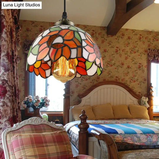 Tiffany-Style Stained Art Glass Pendant Lamp - Red/Orange/Orange-Green 1 Bulb Ceiling Hanging Light