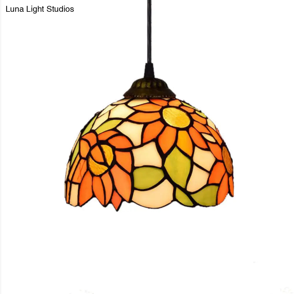 Tiffany-Style Stained Art Glass Hemisphere Pendant Lamp - Red/Orange/Green Ceiling Hanging Light