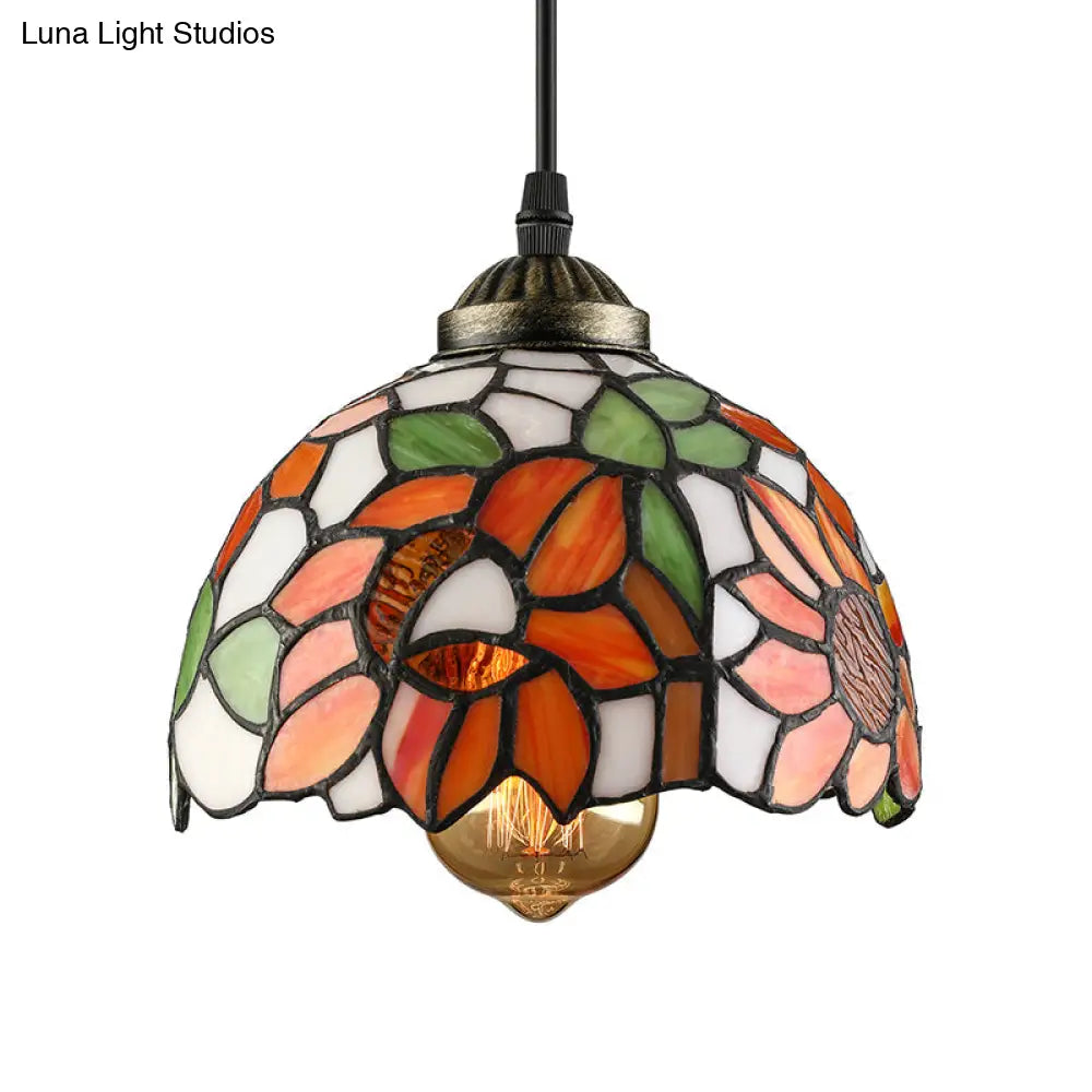 Tiffany-Style Stained Art Glass Hemisphere Pendant Lamp - Red/Orange/Green Ceiling Hanging Light