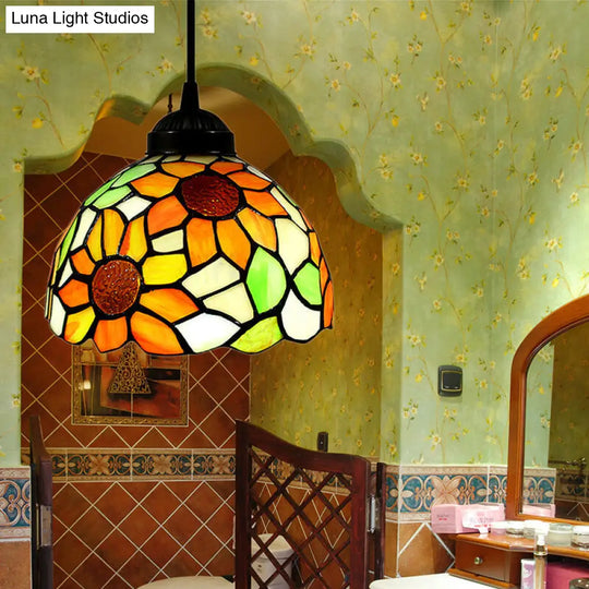 Tiffany-Style Stained Art Glass Pendant Lamp - Red/Orange/Orange-Green 1 Bulb Ceiling Hanging Light