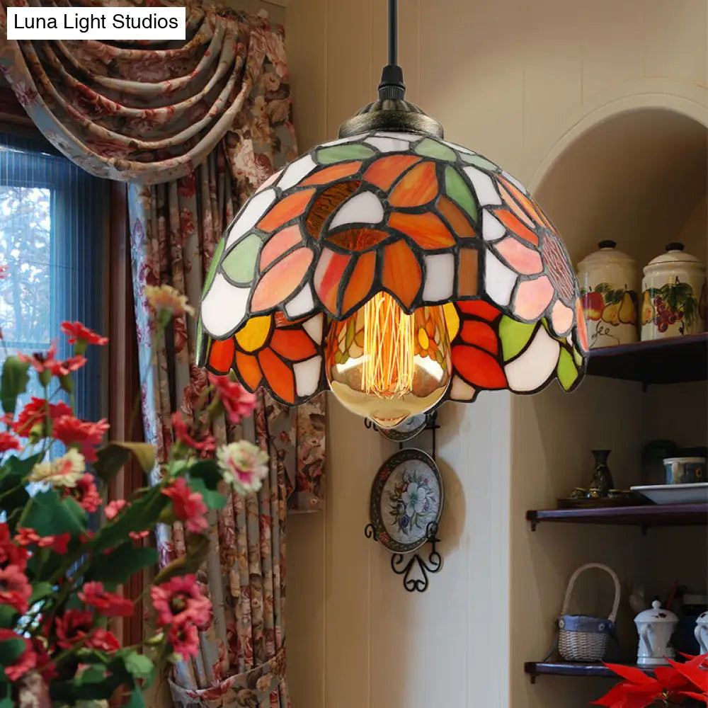 Tiffany-Style Stained Art Glass Pendant Lamp - Red/Orange/Orange-Green 1 Bulb Ceiling Hanging Light
