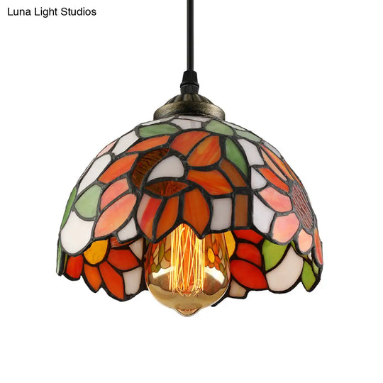 Tiffany-Style Stained Art Glass Hemisphere Pendant Lamp - Red/Orange/Green Ceiling Hanging Light