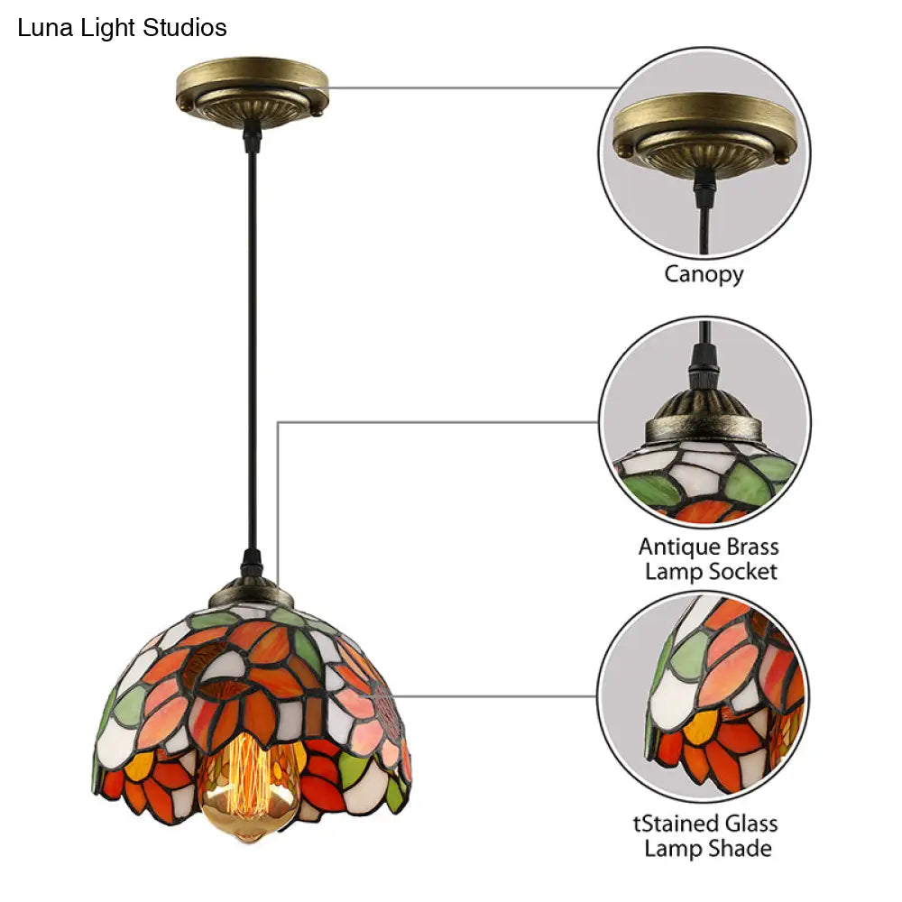 Tiffany-Style Stained Art Glass Hemisphere Pendant Lamp - Red/Orange/Green Ceiling Hanging Light