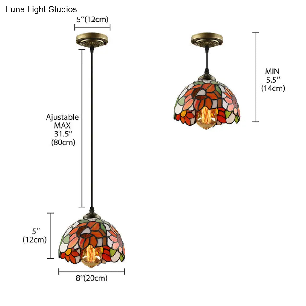 Tiffany-Style Stained Art Glass Pendant Lamp - Red/Orange/Orange-Green 1 Bulb Ceiling Hanging Light