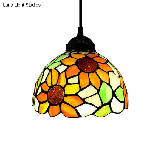 Tiffany-Style Stained Art Glass Pendant Lamp - Red/Orange/Orange-Green 1 Bulb Ceiling Hanging Light