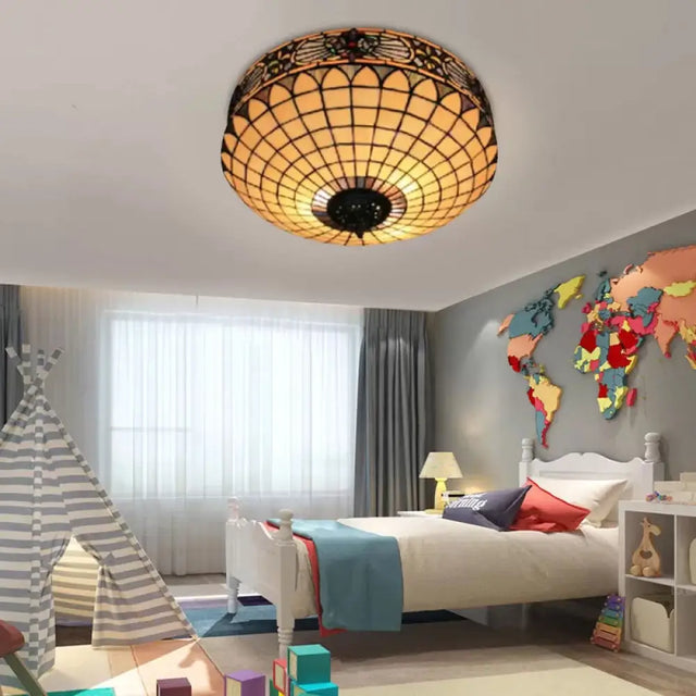 Tiffany Style Stained Glass Ceiling Light 2 - Lights Cylinder Flush Mount For Bedroom - 8’H X