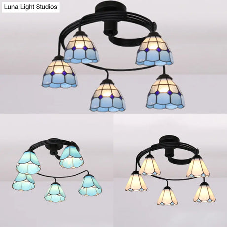Tiffany Style Stained Glass Ceiling Light Fixture (3/5 Lights) - Semi Flush Mount In