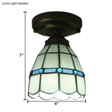Tiffany Style Stained Glass Ceiling Light Fixture - White Floral Semi Flush Mount With Jewel