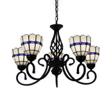 Tiffany Style Stained Glass Chandelier: Curved Arm Pendant Lamp With 5 Yellow/Blue Lights Blue