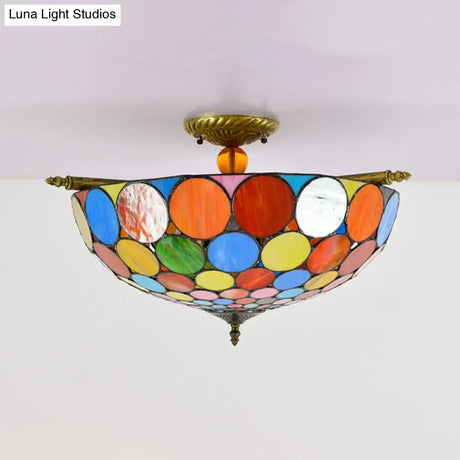 Tiffany - Style Stained Glass Circle Flush Mount Lighting With 5 Brass Heads - 21.5’/25.5’ Wide