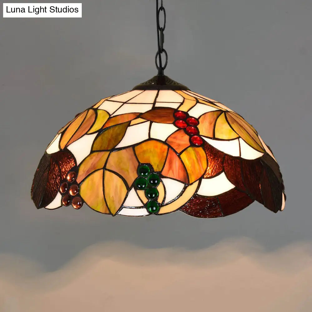 Tiffany-Style Stained Glass Pendant Light - 1-Light Dome Ceiling Hanging Fixture For Restaurants Tan