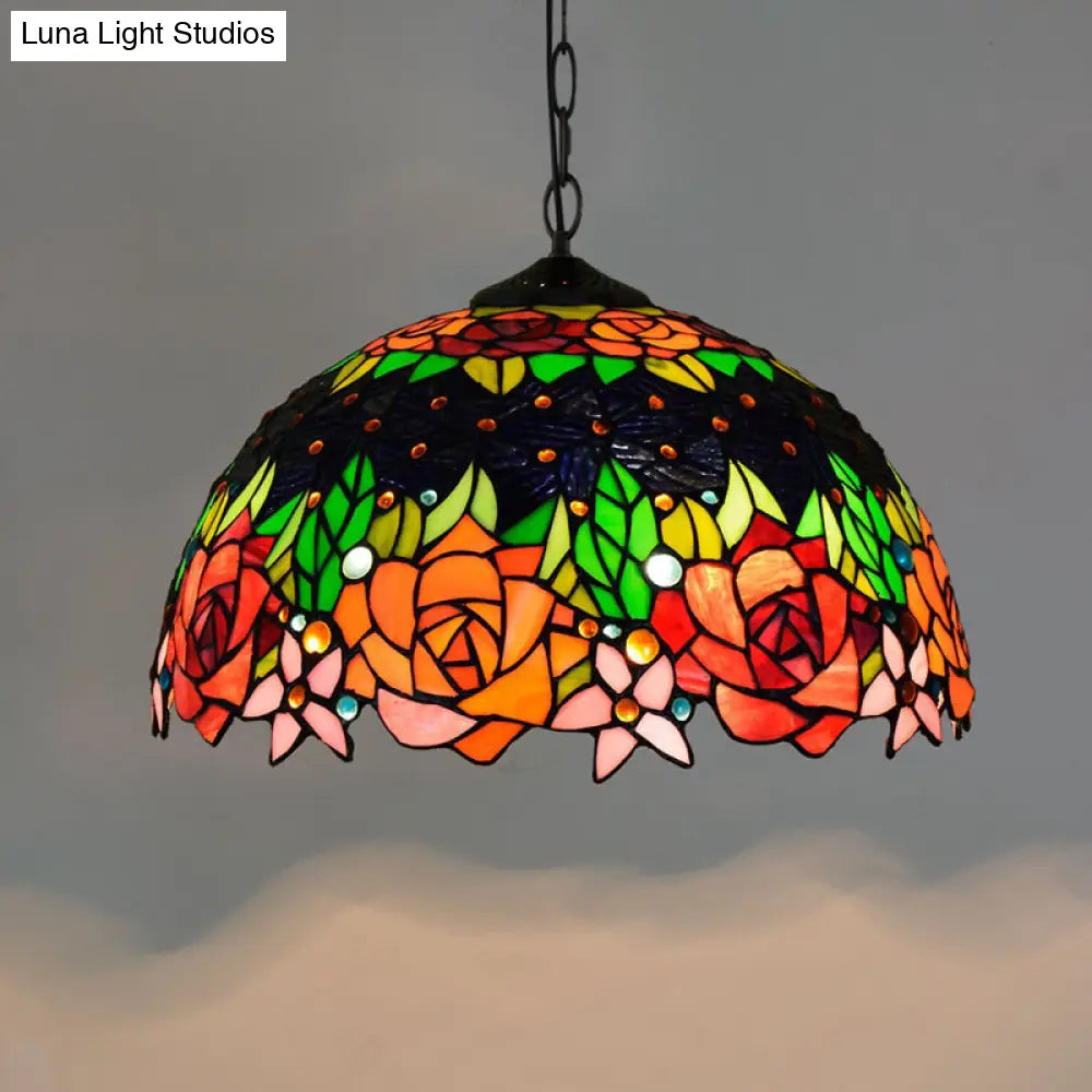 Tiffany-Style Stained Glass Pendant Light - 1-Light Dome Ceiling Hanging Fixture For Restaurants
