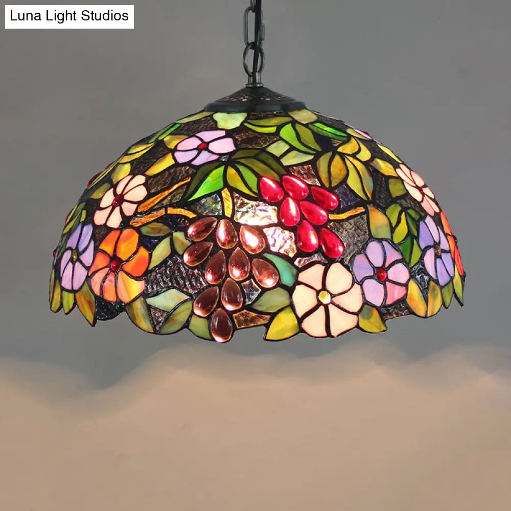 Tiffany-Style Stained Glass Pendant Light - 1-Light Dome Ceiling Hanging Fixture For Restaurants