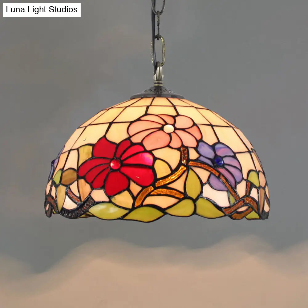 Tiffany-Style Stained Glass Pendant Light - 1-Light Dome Ceiling Hanging Fixture For Restaurants