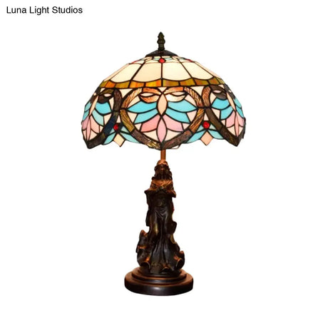 Tiffany Style Stained Glass Dome Table Lamp - Beige/Blue Color Bronze Finish Angel Decoration 1 Bulb