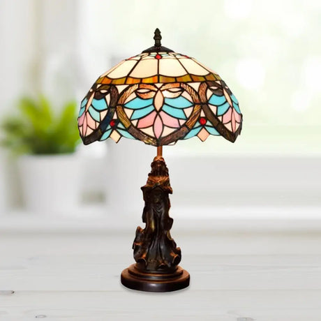 Tiffany Style Stained Glass Dome Table Lamp - Beige/Blue Color Bronze Finish Angel Decoration 1 Bulb