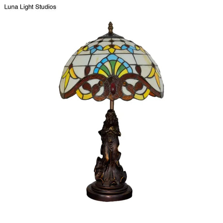 Tiffany Style Stained Glass Dome Table Lamp - Beige/Blue Color Bronze Finish Angel Decoration 1 Bulb