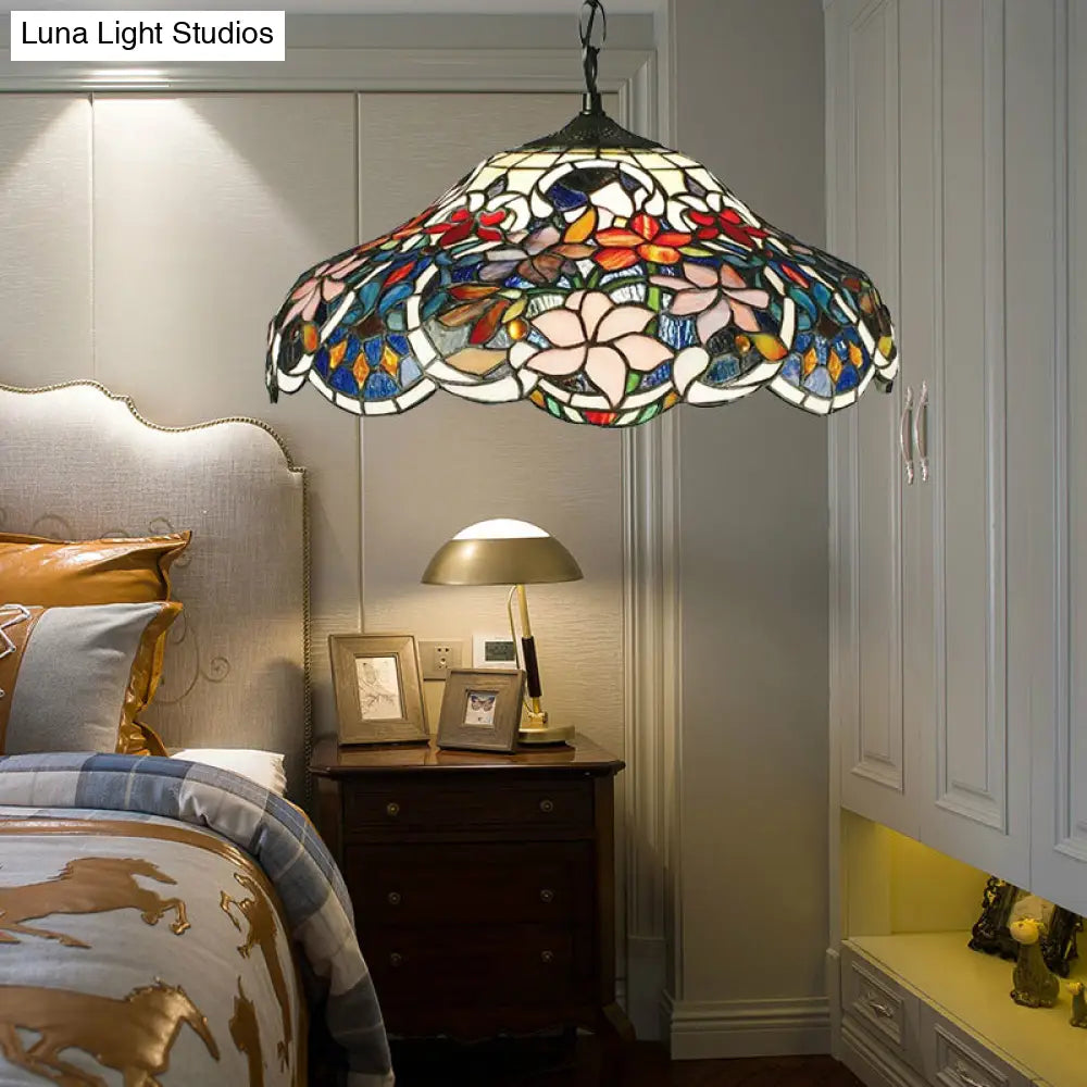 Tiffany-Style Stained Glass Floral Hanging Light - Black Pendant Fixture With Adjustable Chain