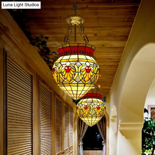 Tiffany Style Stained Glass Flower Semi Flush Mount Light - Green Ideal For Corridor Ceiling