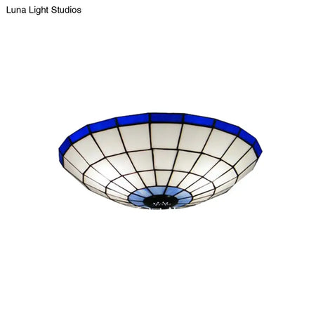 Tiffany Style Stained Glass Flush Mount Light In Blue - Perfect For Living Room 3 Width Sizes