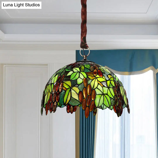 Tiffany-Style Stained Glass Pendant Chandelier - Green 3-Light Grape Suspension Lighting