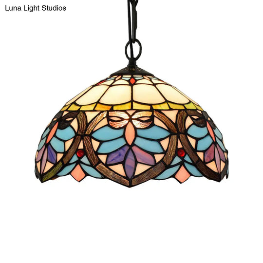 Bowl-Shaped Tiffany Style Hanging Lamp - Colorful Stained Glass 1-Light Pendant For Dining Room