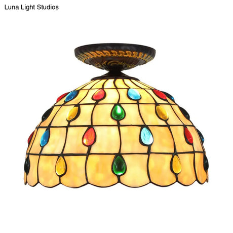 Tiffany-Style Stained Glass Jeweled Ceiling Light In Bronze Flush Mount Multiple Sizes Available