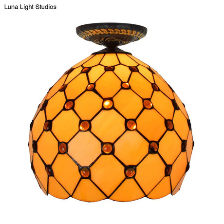 Tiffany-Style Stained Glass Jeweled Ceiling Light In Bronze Flush Mount Multiple Sizes Available